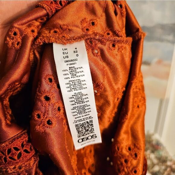 Asos Burnt Orange Velour Embroidered See Through Detail Trim Peasant Style Long - Picture 11 of 13